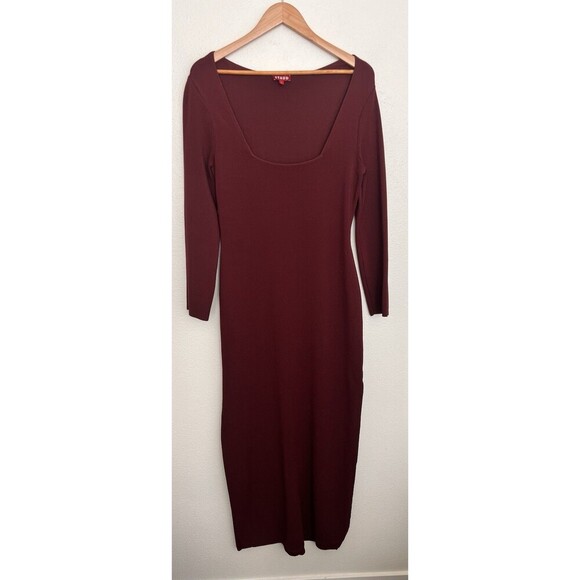 STAUD Burgundy Ribbed Knit Maxi Dress Long Sleeve Square Neck Side Slit Bodycon - Picture 1 of 7